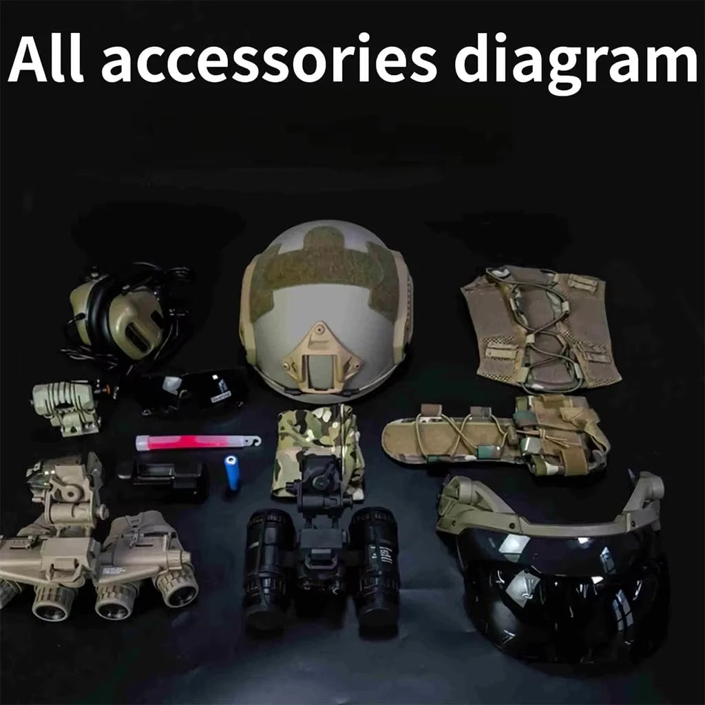 Tactical Fast Helmet Set Airsoft Paintball Protective Equipment with Visor NVG Model Flashlight Earphone for CS Hunting Shooting