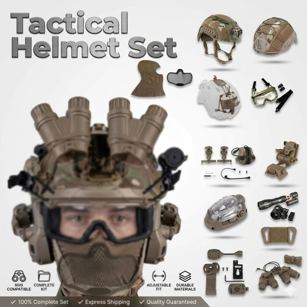 Tactical Airsoft FAST Helmet Set with GPNVG-18 NVG Mount Venom Balaclava Full Face Mask Headset Battery Bag Signal Light
