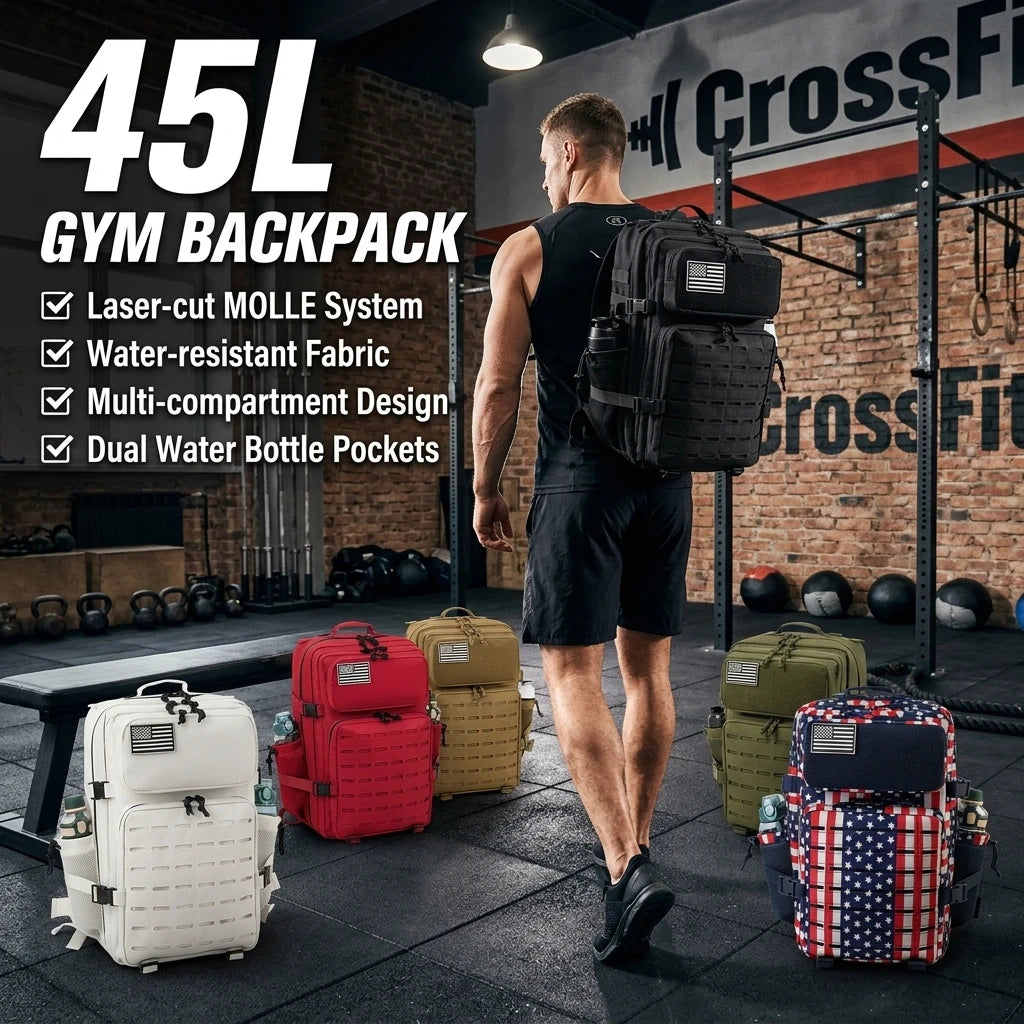 45L Large Capacity Tactical Gym Fitness Backpack For Men With MOLLE Webbing System Dual Cup Holders Outdoor Survival Hiking Camping Rucksack For Wilderness Trip Travel Daily Work Commute Outdoor Camping Activities Gear Storage Backpack
