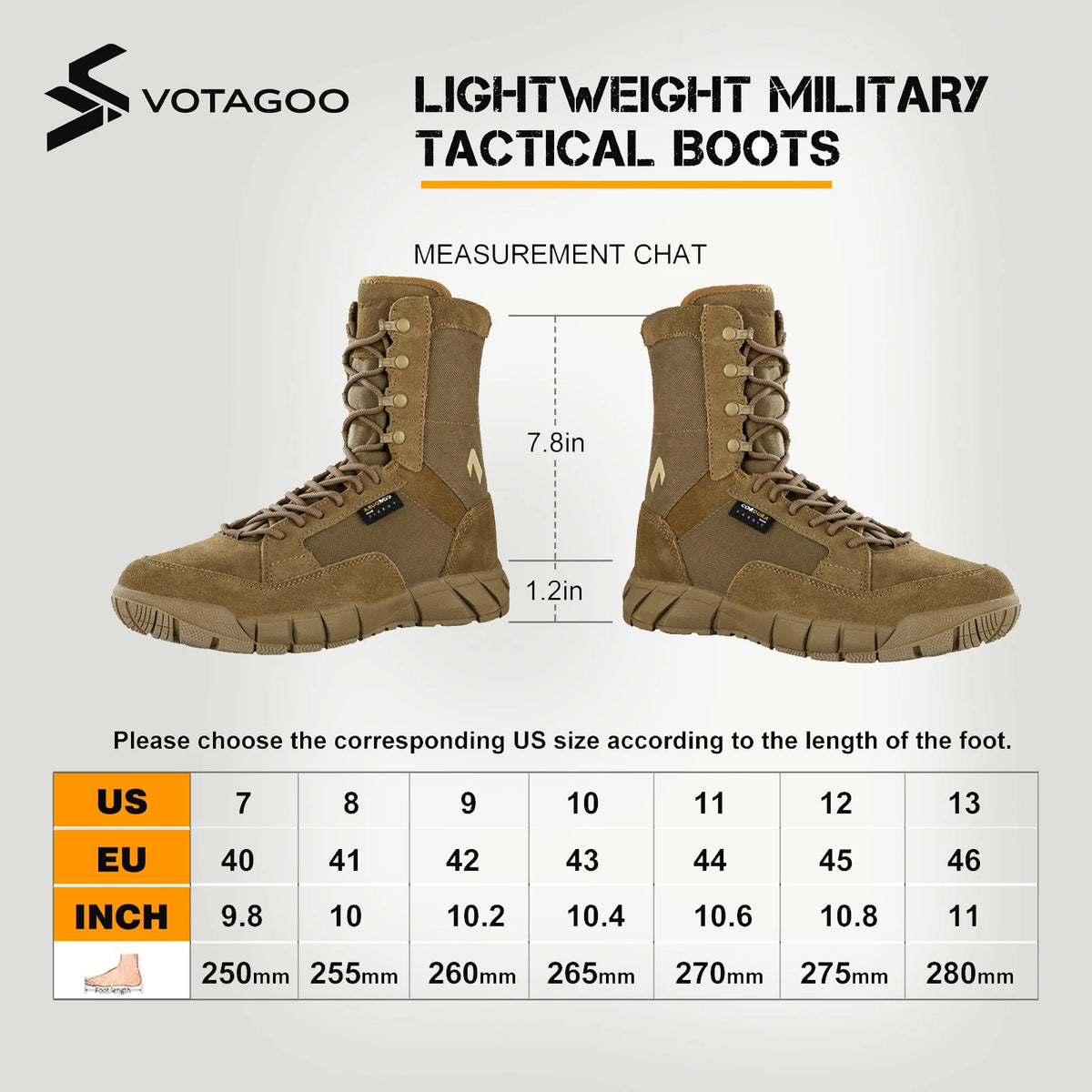 YEVHEV Men's 8 inch Tactical Boots Outdoor Casual Lightweight Coyote Military Boots for Hiking Work Outdoor Casual