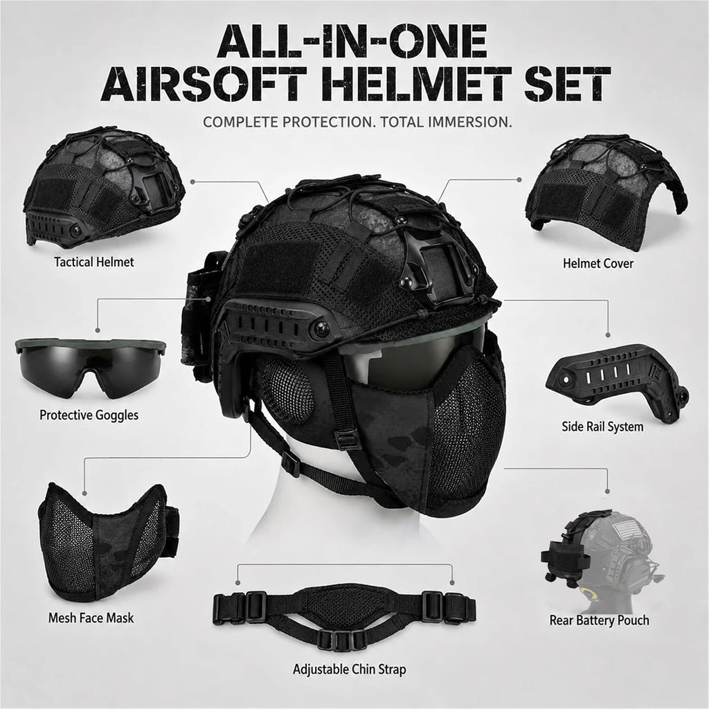 Tactical Airsoft Helmet Set with Mesh Mask Goggles Helmet Cover Rear Battery Pouch with for Paintball Hunting Military Training