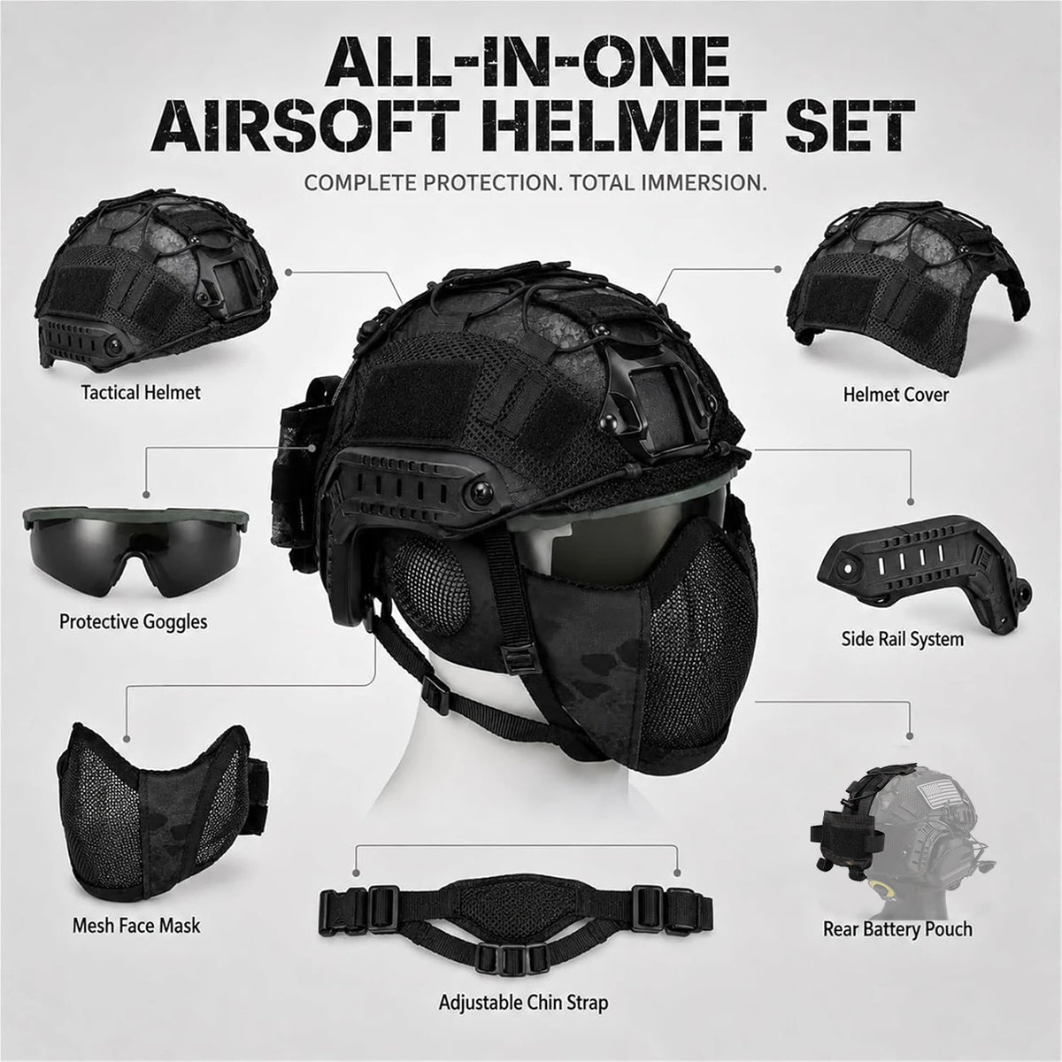 Tactical Airsoft Helmet Set with Mesh Mask Goggles Helmet Cover Rear Battery Pouch with for Paintball Hunting Military Training