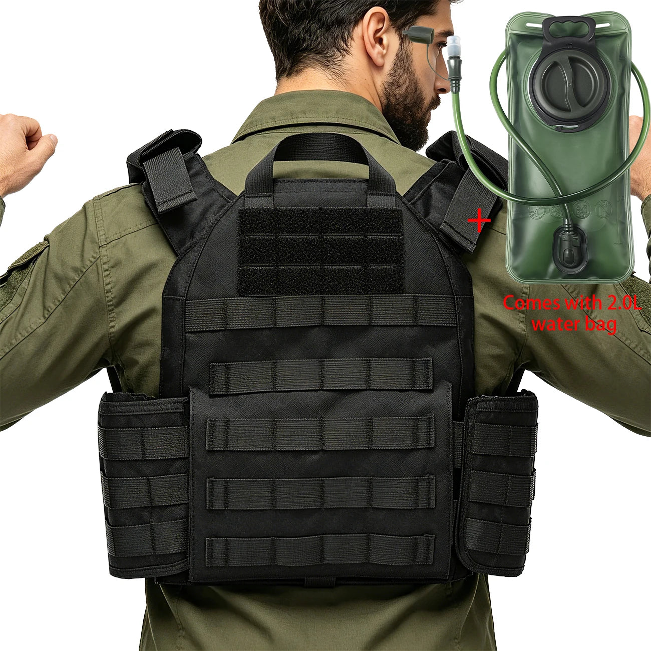 MOLLE webbing system hunting vest comes with a 2.0-liter capacity water bag, quick release buckle, water hose, and bite