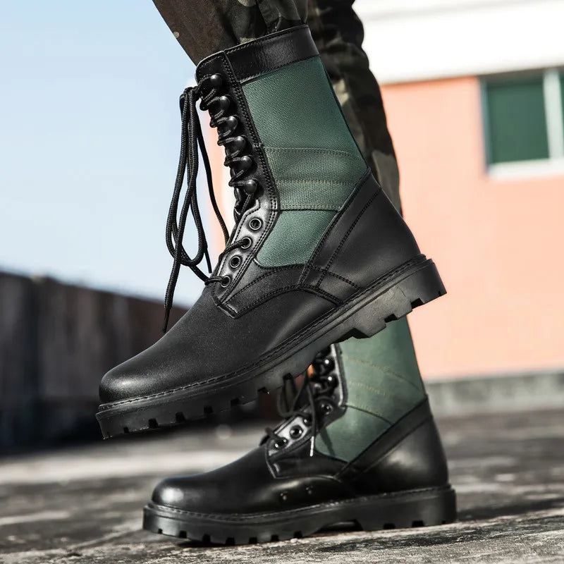 Men Combat Boots  Green Canvas Patchwork High Top Men Tactical Boots Lace Up Non Slip Outdoor Hiking Work Ankle Boots Men