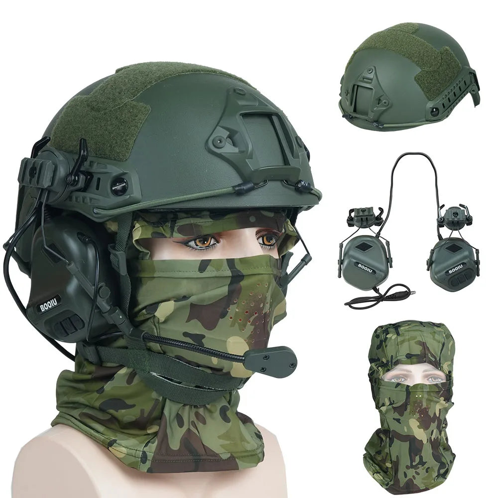 BOOIU Tactical Airsoft Helmet Set Adjustable Paintball Outdoor Hunting Shooting Protective Headset ABS Helmet with Mask Earphone