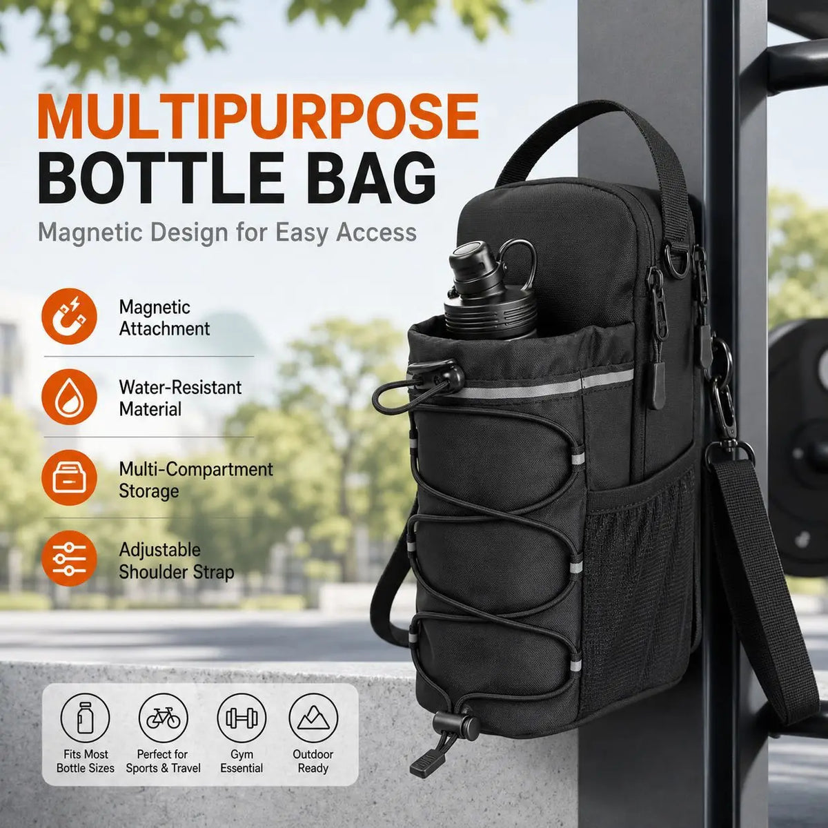 Magnetic Gym Water Bottle Bag with Reflective Strip With Phone Pocket Portable Gym Water Bottle Pouch Gym Accessories Organizer
