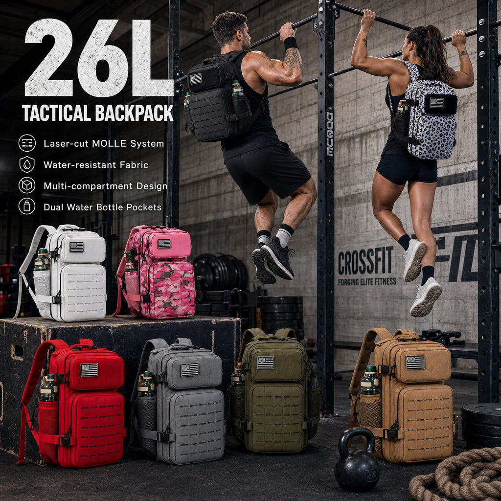 26L Gym Backpack for Men with Dual Cup Holders Tactical Fitness Rucksack with MOLLE System for Weightlifting CrossFit Training, Outdoor Hiking Travel Sports Workout Gear Bag