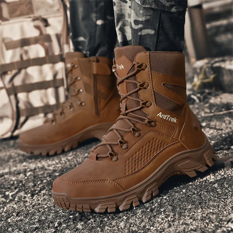Outdoor tactical boots, camping and hiking boots, high-top military-style training boots, hunting boots.