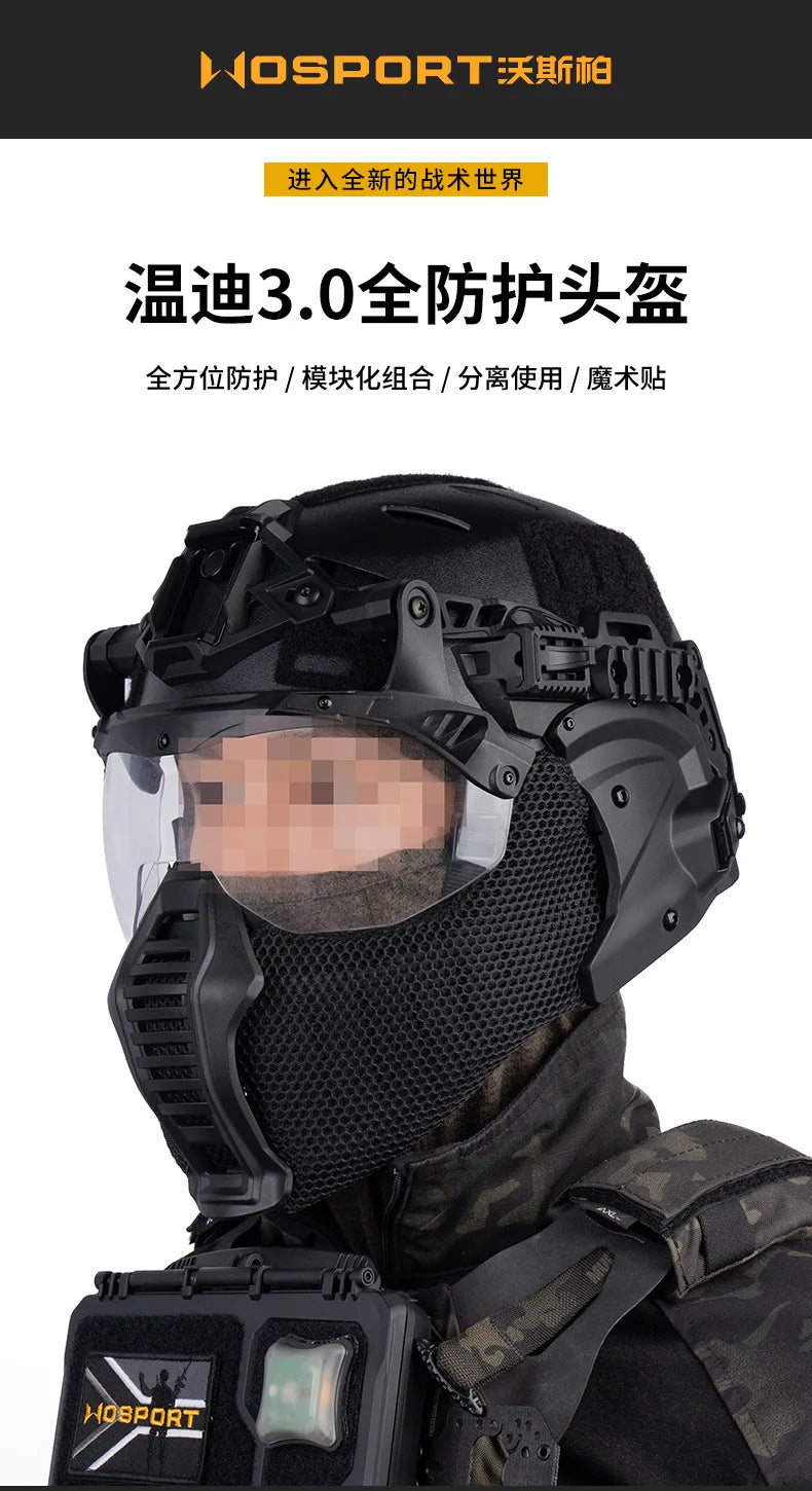 Tactical Wendy 3.0 Fast Helmet with Half Mask Respirator, Flip Goggles and Ear Protection System for Airsoft Hunting Training