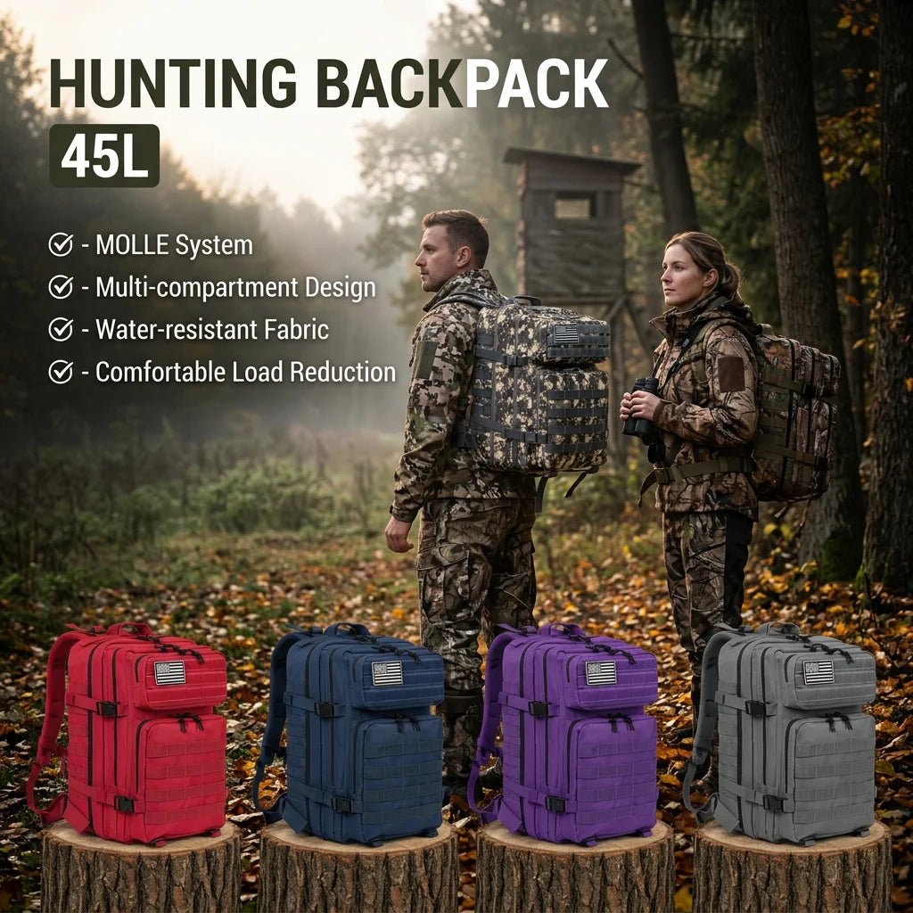 45L Tactical Hunting Backpack Molle Storage Bag Large Capacity Multi Pocket Wear Resistant Outdoor Hunting Gear Rucksack Durable Wild Shooting Daypack For Men Women Hunters Bushcraft Wilderness Trekking Camping Luggage Bag