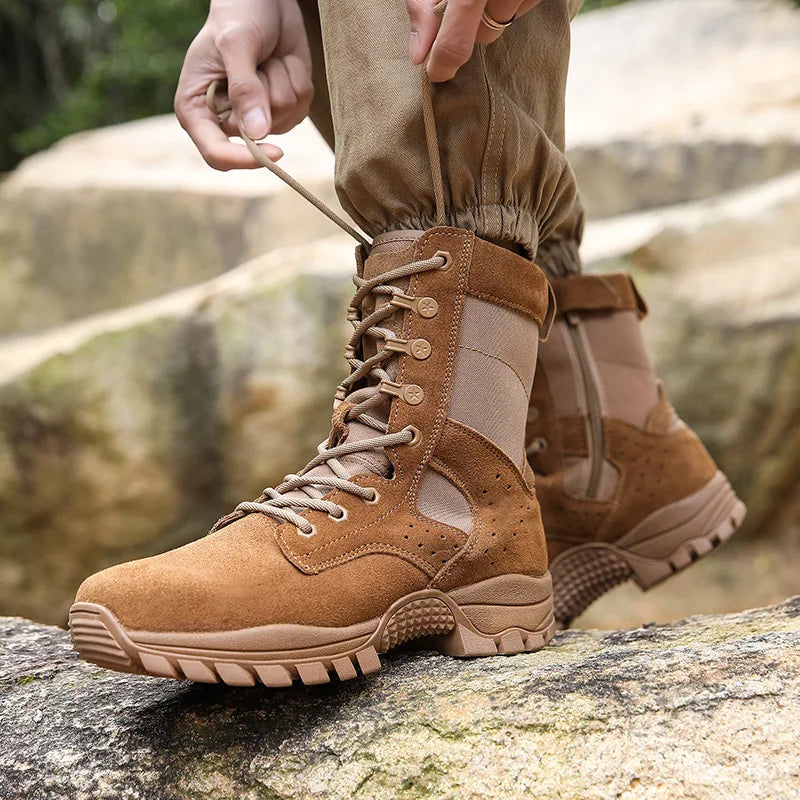 Men's Brown Tactical Boots Suede Cowhide Side Zipper Desert Boots Puncture Resistant Water Repellent For Hiking Camping Hunting