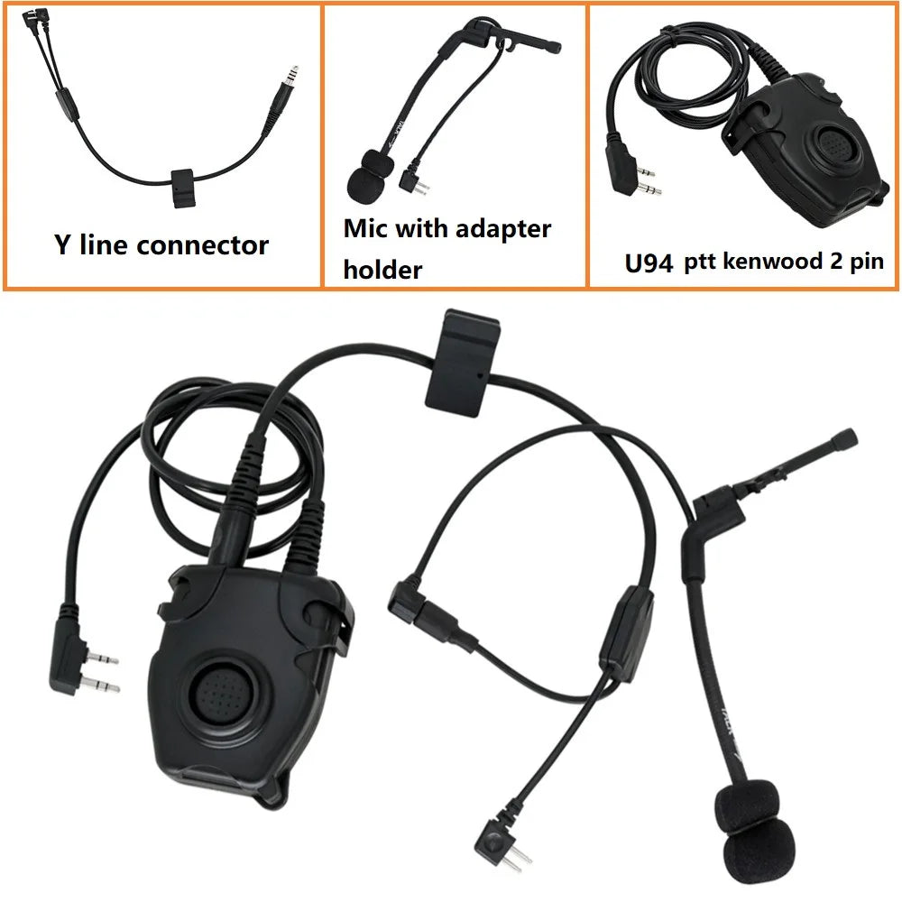 Tactical Walkie-talkie Headphones Adapter Y-line Kit with Tactical 94 Ptt & Headset Mic for COMTAC Tactical Shooting Headset