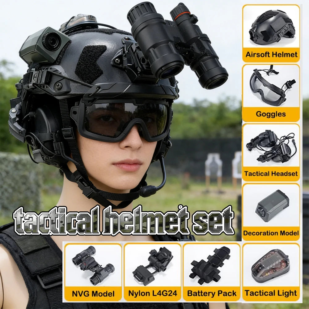 Tactical Airsoft Paintball Fast Helmet with Communication Headset Set Goggles Helmet Signal Light for Paintball Hunting Training
