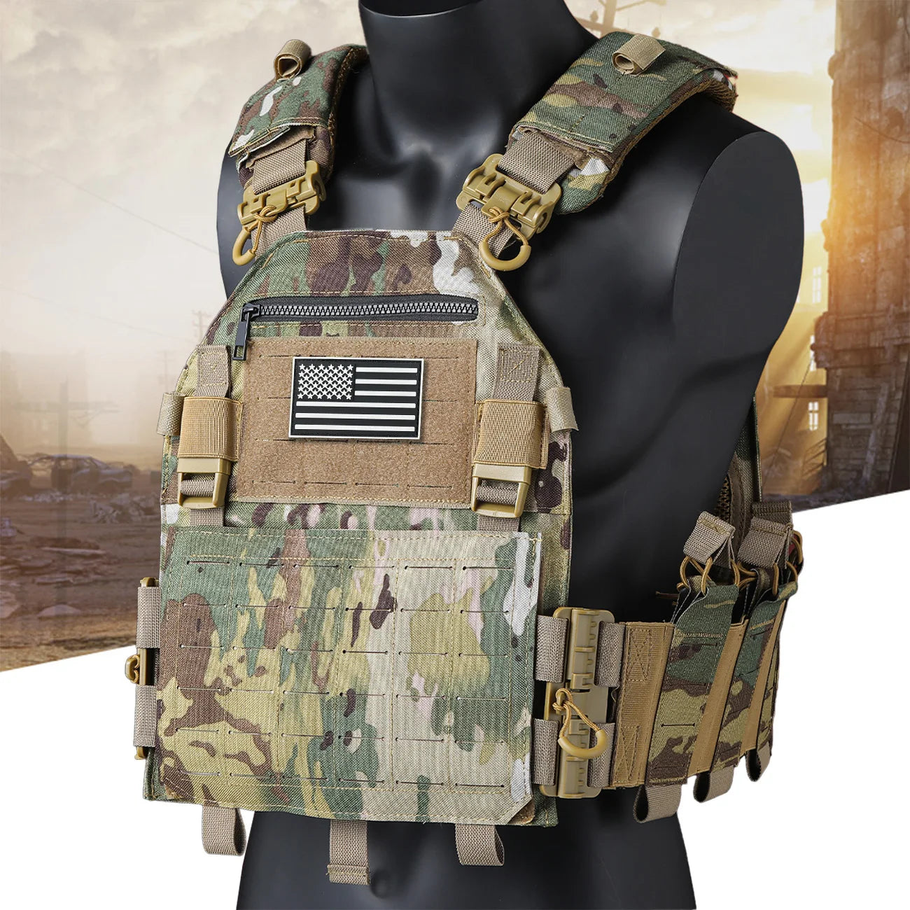 (Gift of American Flag) Outdoor Training Tank Top Multi functional MOLLE Waterproof, Wear resistant, Quick Release Tank Top