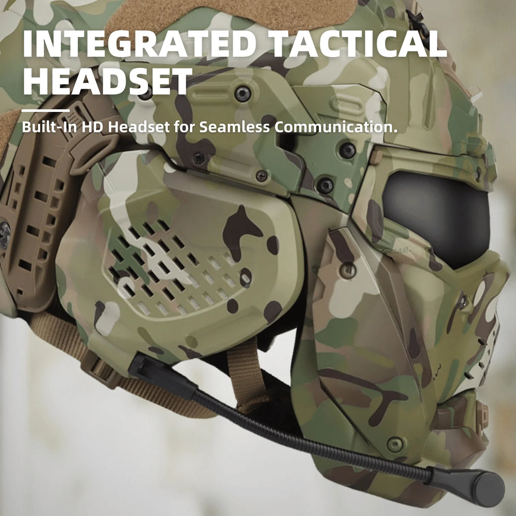 Assault Ⅱ Airsoft Helmet Full Face Tactical Helmet with HD Headset Anti-Fog Fan 2 Pairs Lens Flip Mask for Outdoor CS