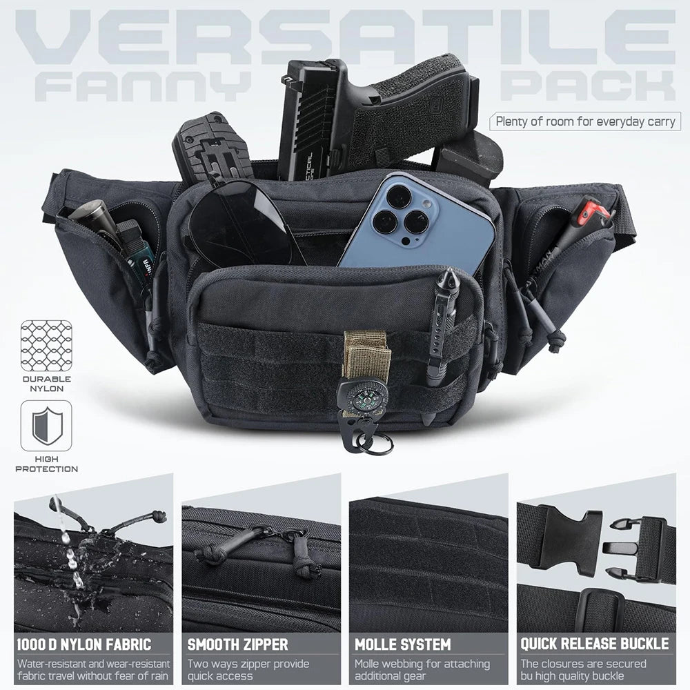 Tactical Fanny Pack Gun Holster Concealed Carry Pistol Waist Bag Molle EDC Pouch for Running Hiking Cycling Camping Outdoor Bag
