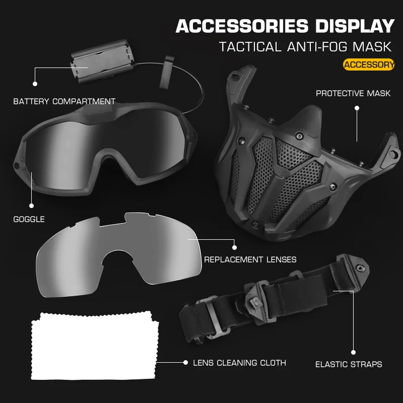 Tactical Airsoft Mask Full Face Mask with Fan Detachable Anti-Fog Protection Goggle for Paintball Shooting CS Game Gear