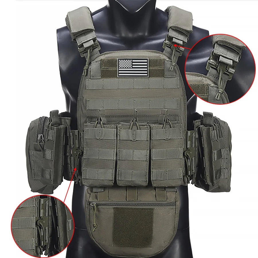 The quick release seven piece hunting vest for shoulders and waist uses tear resistant and wear-resistant materials