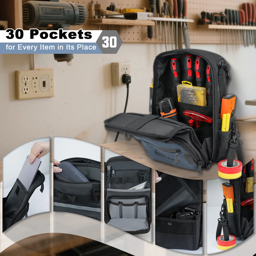 Small Tool Backpack for Men 30 Multi-Storage Pockets Heavy Duty Tool Bag Backpack with Dual-Form Shoulder Strap