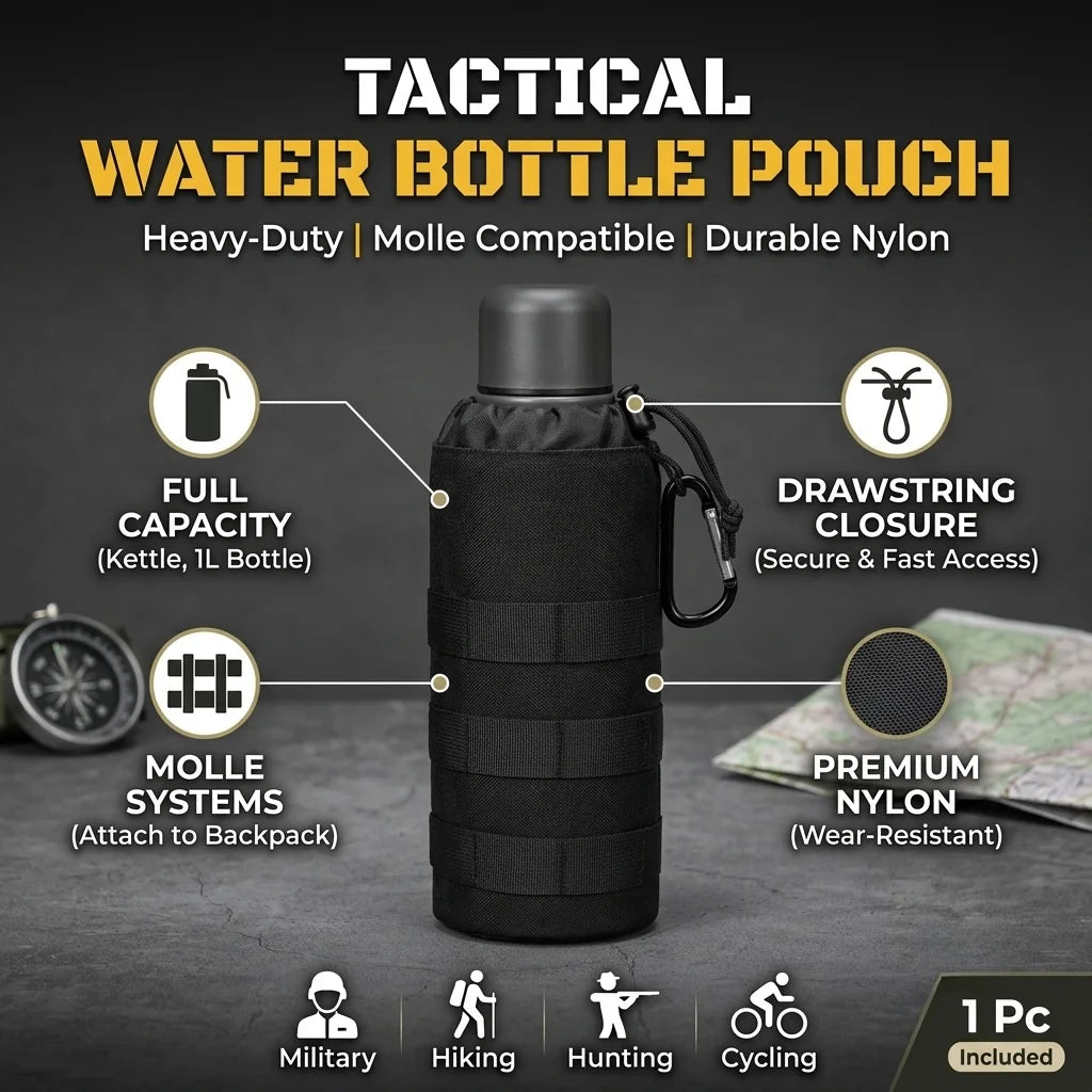 Molle Water Bottle Pouch Tactical Nylon Kettle Holder 1Pc Drawstring Carrier Bag For Military Backpack Hiking Hunting Cycling