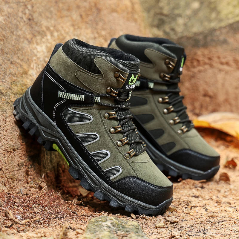 Mens Trekking Boots Thick Soles Wear-resistant Suede Leather Breathe Lace Up Sneakers Winter Warmth Comfort Camping Hiking Shoes