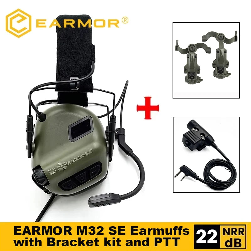 EARMOR M32 SE Shooting Earmuffs Tactical Noise Reduction Headset with Helmet ARC Rail Adapter with Kenwood PTT Adapter New