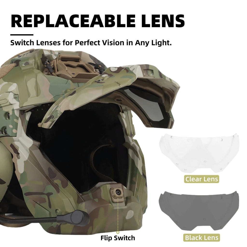 Assault Ⅱ Airsoft Helmet Full Face Tactical Helmet with HD Headset Anti-Fog Fan 2 Pairs Lens Flip Mask for Outdoor CS