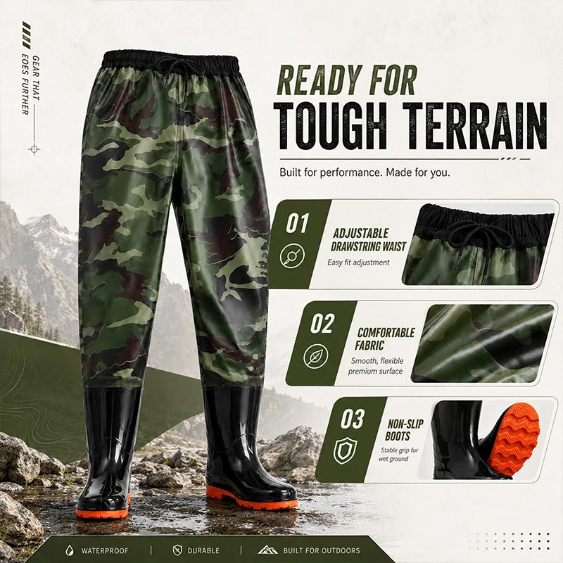 Camo Waist Waders Fishing Pants with PVC Boots, Adjustable Drawstring Wading Trousers, Lightweight Outdoor Hunting Hiking Gear