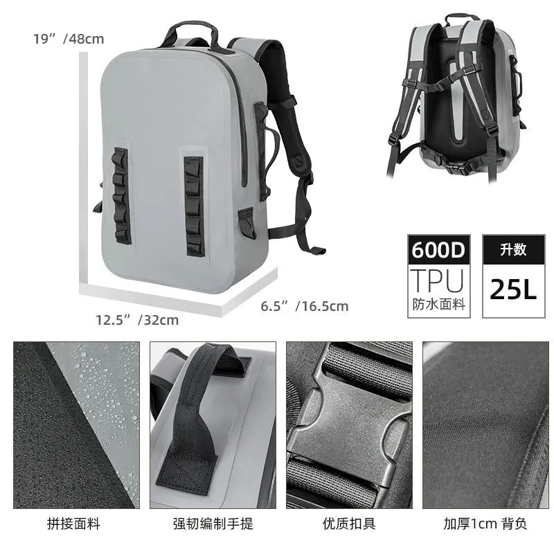 25L 600D TPU Sport Outdoors Backpack Waterproof Camping Cycling Fishing Bag Men Large Capacity Airtight Zipper Travel Backpack