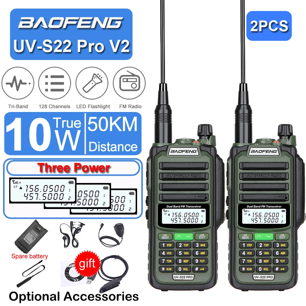 2pcs Baofeng UV-S22 Pro V2 Power Waterproof Hunting Walkie Talkie Type-C Powered UHF VHF Programming Cable Long Range FM Radio
