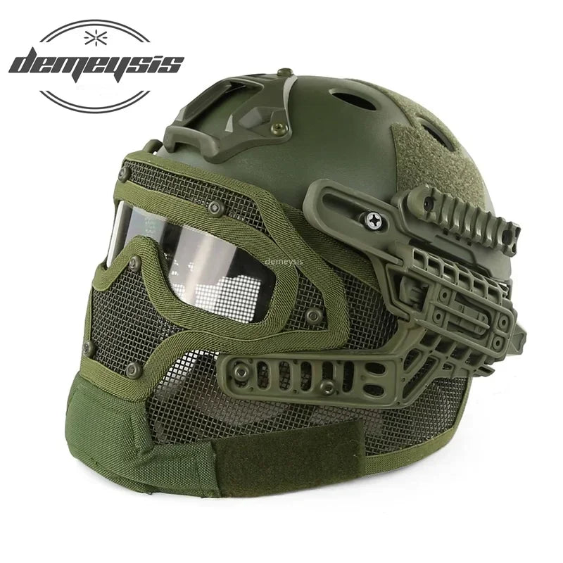 Full Covered Airsoft Helmet Camouflage Tactical Shooting Paintball Protection Helmet Adjustable Hunting Wargame Mask Helmets Set