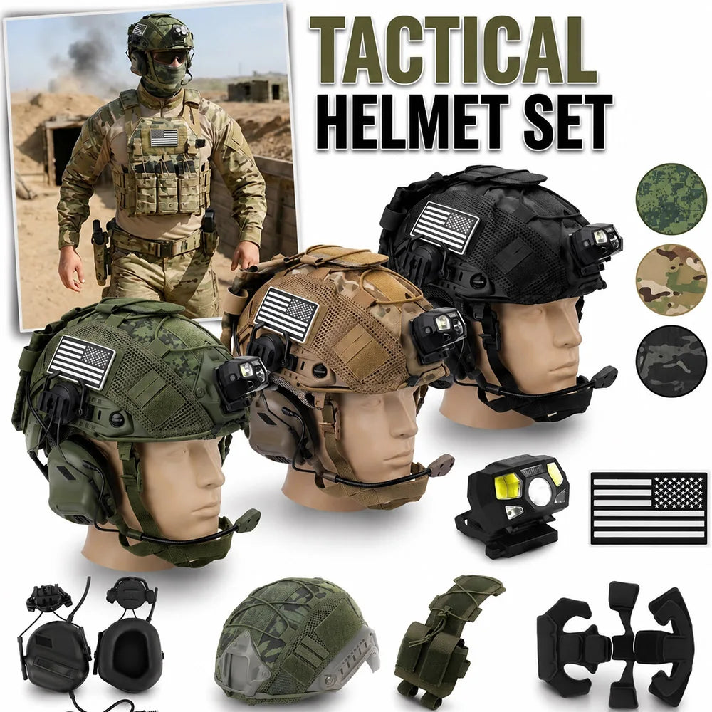 FAST Tactical Helmet Set with Communication Headset Mesh Mask Airsoft Helmet Kit for Military CS Combat Cosplay Outdoor Training