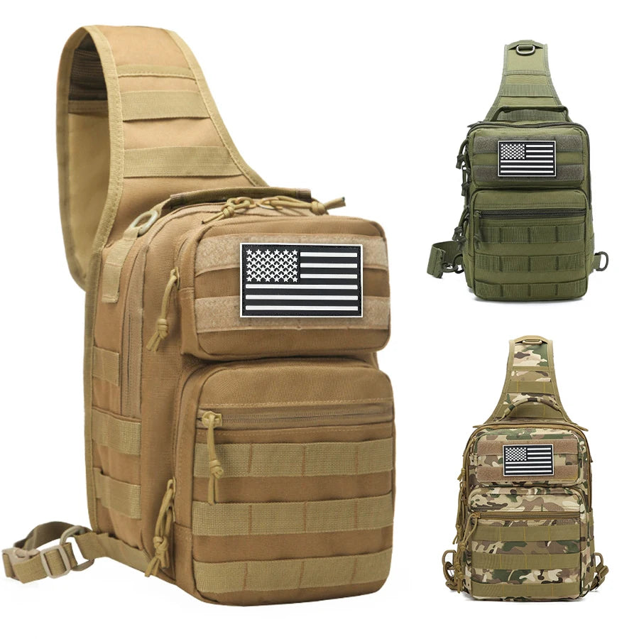 Large shoulder bag with adjustable shoulder strap and MOLLE extended webbing, multi compartment layered outdoor chest bag