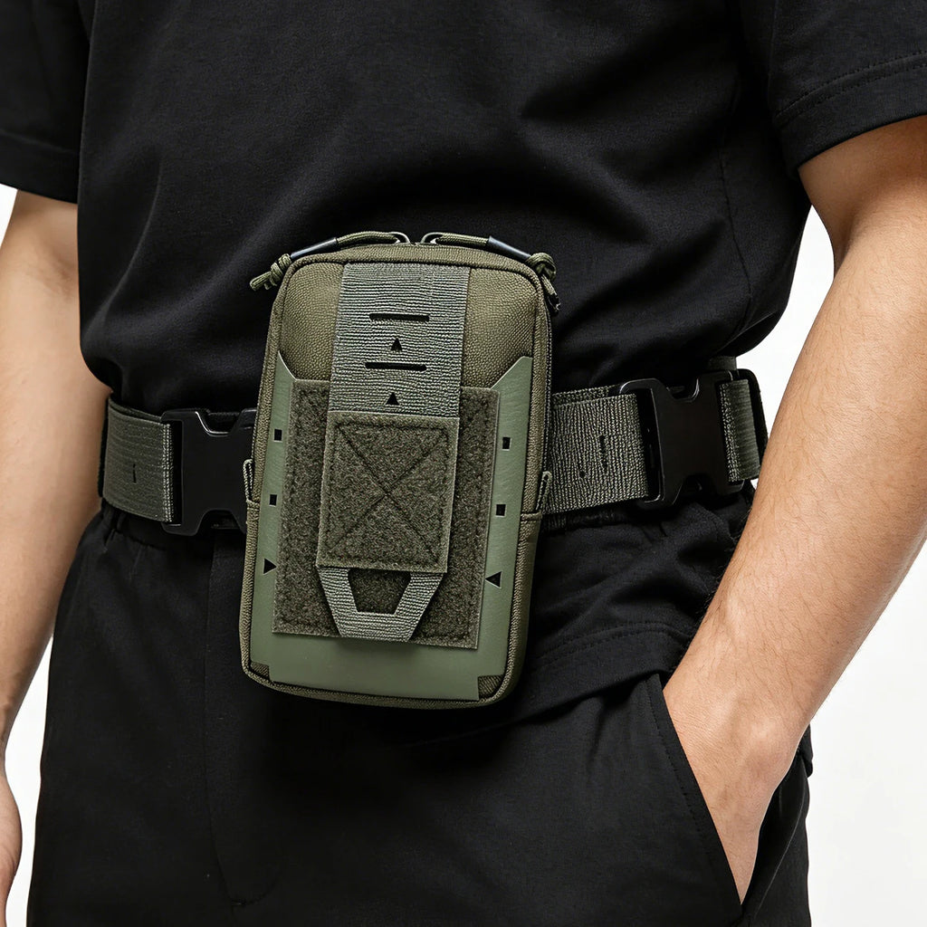 Multi functional waist bag, accessory bag, top double zipper closure, can be fixed on the waist belt for stable installation.
