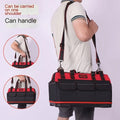 A Red Electrician'S Tool Bag Available in 17-Inch, 19-Inch, And 23-Inch Sizes, Featuring a Large Pocket Made of Canvas And Oxford Cloth, Designed for Heavy-Duty Use. It'S Suitable for Electricians, Home Improvement, Fishing, And Various Repair Tasks