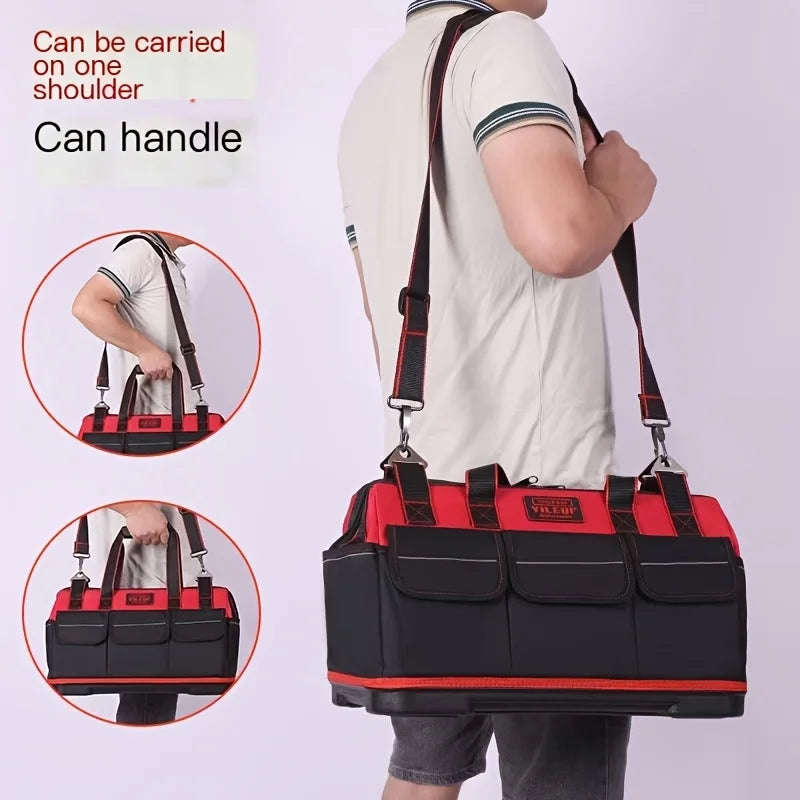 A Red Electrician'S Tool Bag Available in 17-Inch, 19-Inch, And 23-Inch Sizes, Featuring a Large Pocket Made of Canvas And Oxford Cloth, Designed for Heavy-Duty Use. It'S Suitable for Electricians, Home Improvement, Fishing, And Various Repair Tasks