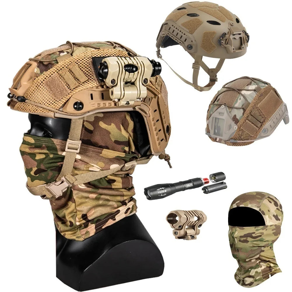 Airsoft Paintball Helmet Set, with Tactical flashlight,Dust Mask Helmet Cover for Outdoor Hunting Paintball Shooting