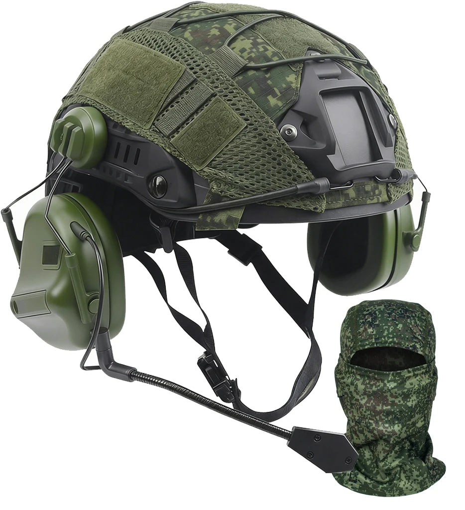 Tactical Fast Helmet Set with Little Green EMR Camouflage Helmet Cover Balaclava Communication Headset for Airsoft Paintball