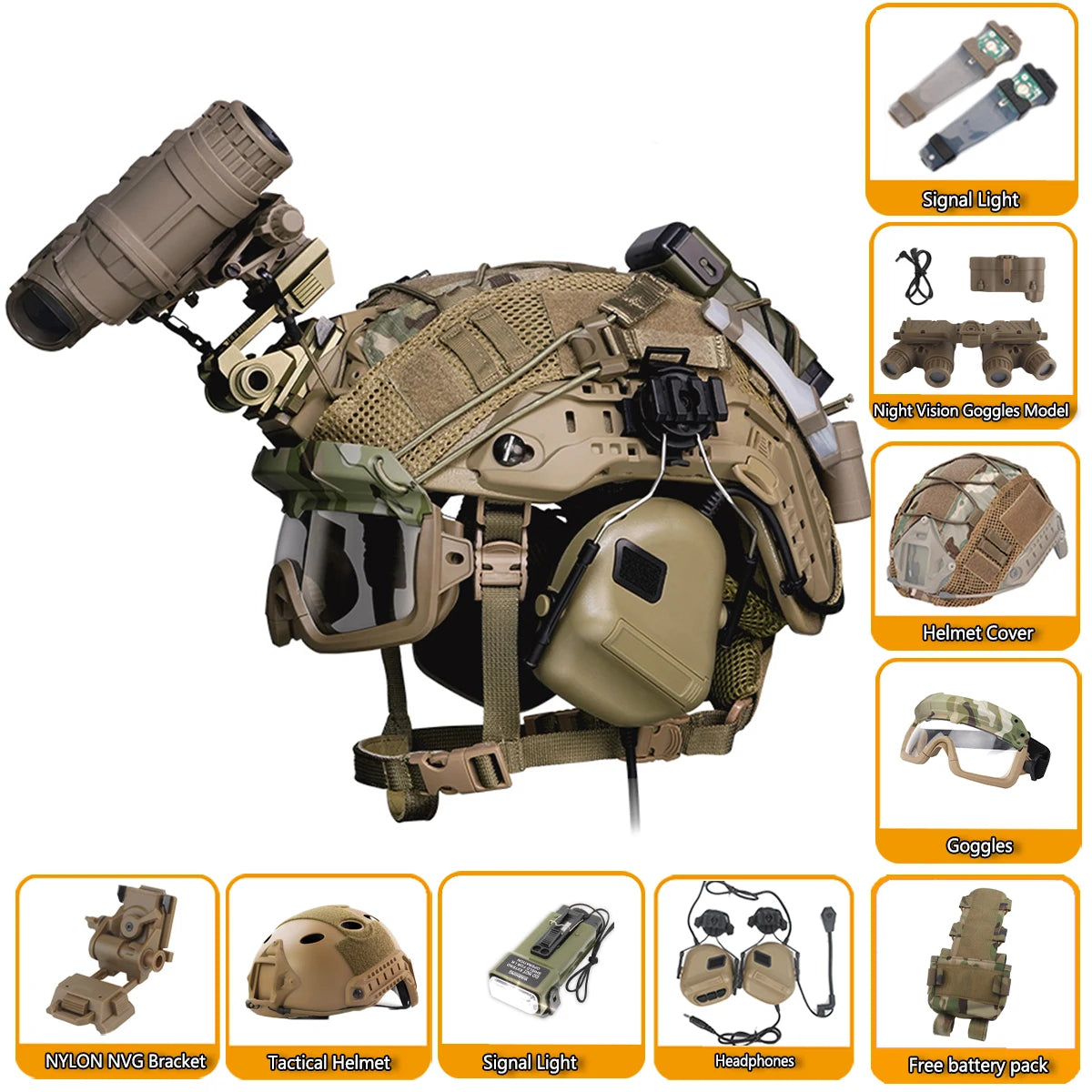 AQzxdc Fast Airsoft Helmet Set with Headset  Night Vision Goggles Signal Lights for Hunting Shooting Cosplay Tactical Equipment