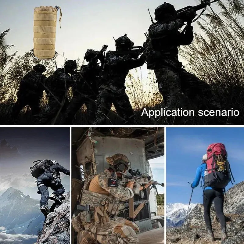 600D Tactical Small Water Bottle Bag Khaki Outdoor Hunting Bags with Multi-Function Adjustable Drawstring Molle External System