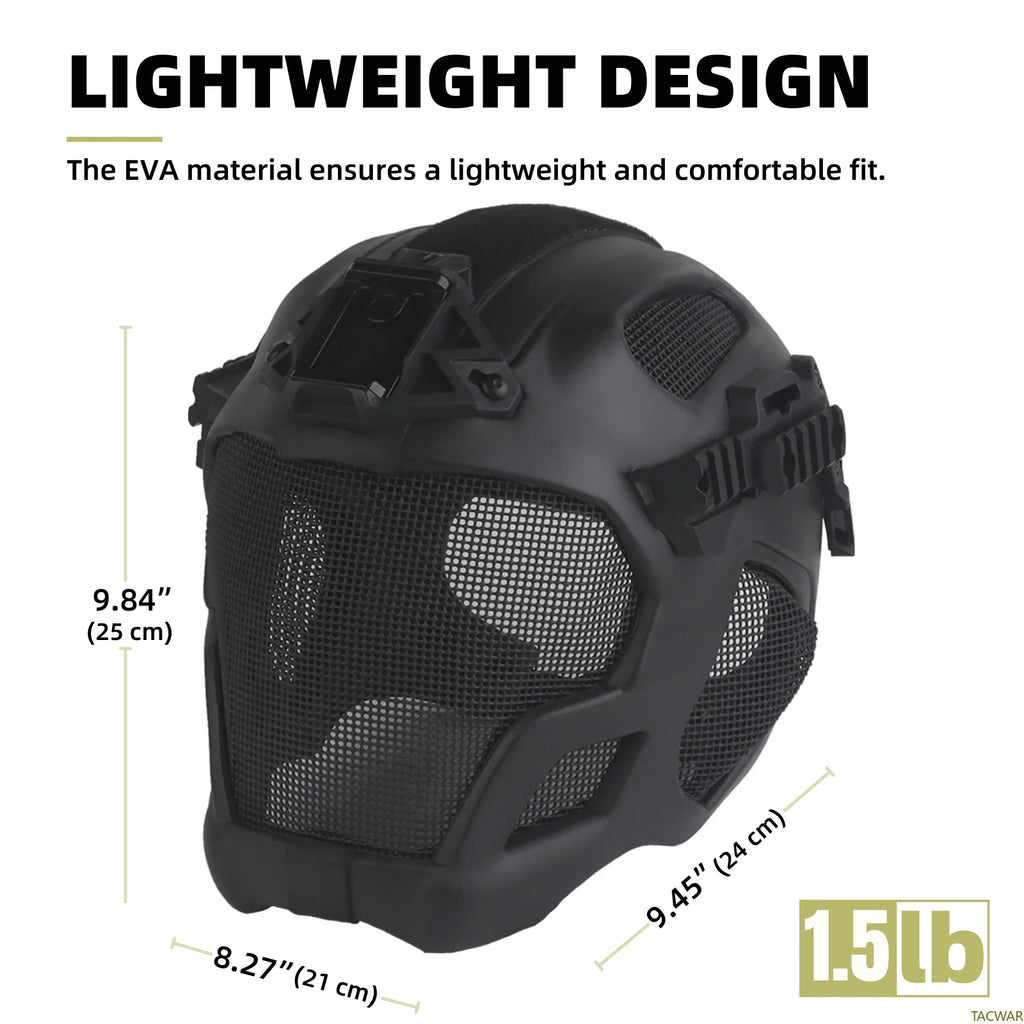 EVA Pro Airsoft Helmet Full Face with Breathable Steel Mesh Night Vision Mount Helmet Rail, Full Protection Safety Mask