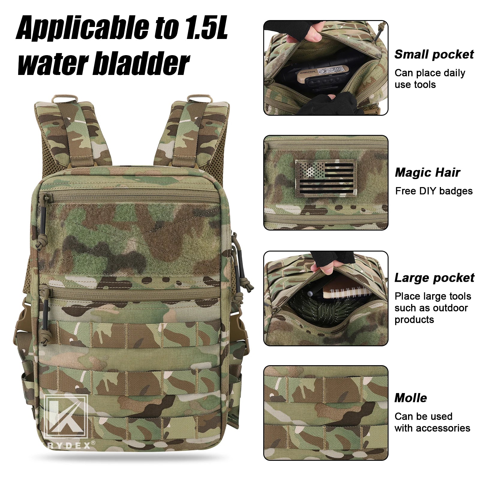 KRYDEX 500D Tactical 50 oz Hydration Backpack Pouch Modular 1.5L Water Bladder Bag Pack Hunting Outdoor Hiking Accessories