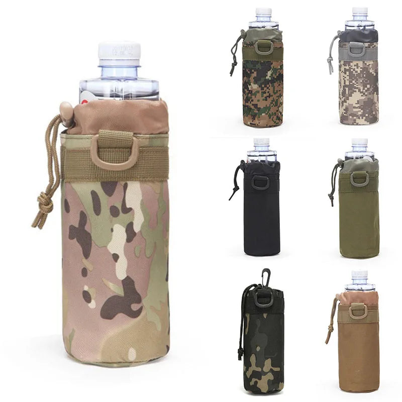 Outdoor Water Bottle Pouch Tactical Camouflage Molle Kettle Pouch Holder Hiking Hunting Pulling Rope Multi functional Bottle Bag