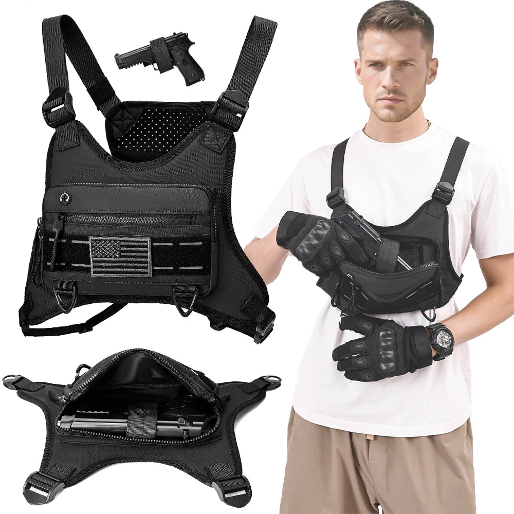 Tactical Running Vest Bag with Gun Holster Anti-Theft Chest Pack Outdoor Sports Running Vest Bag for Cycling Hiking Hunting