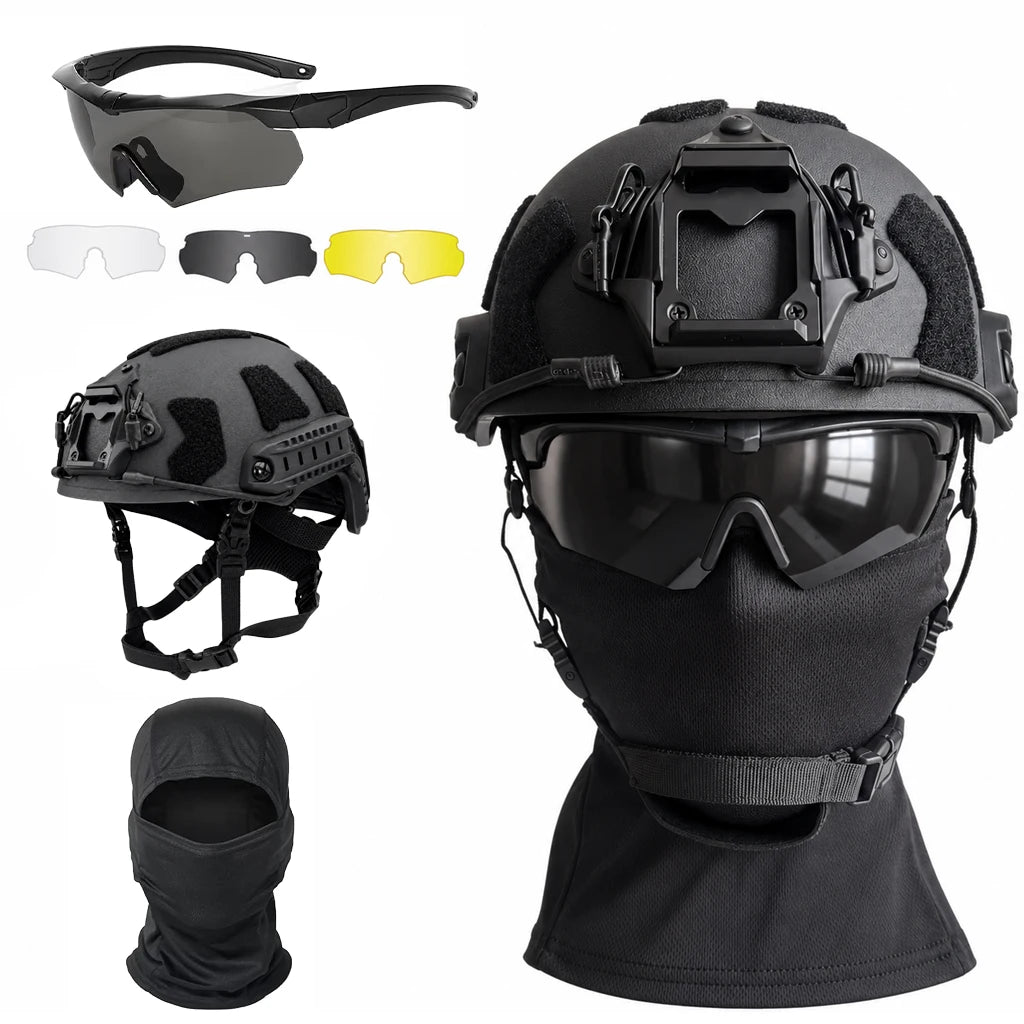 Military Tactical Helmet Set - Multi-Lens Goggles & Full Face Mask, Riot Airsoft CS Protective Gear for Outdoor Sports