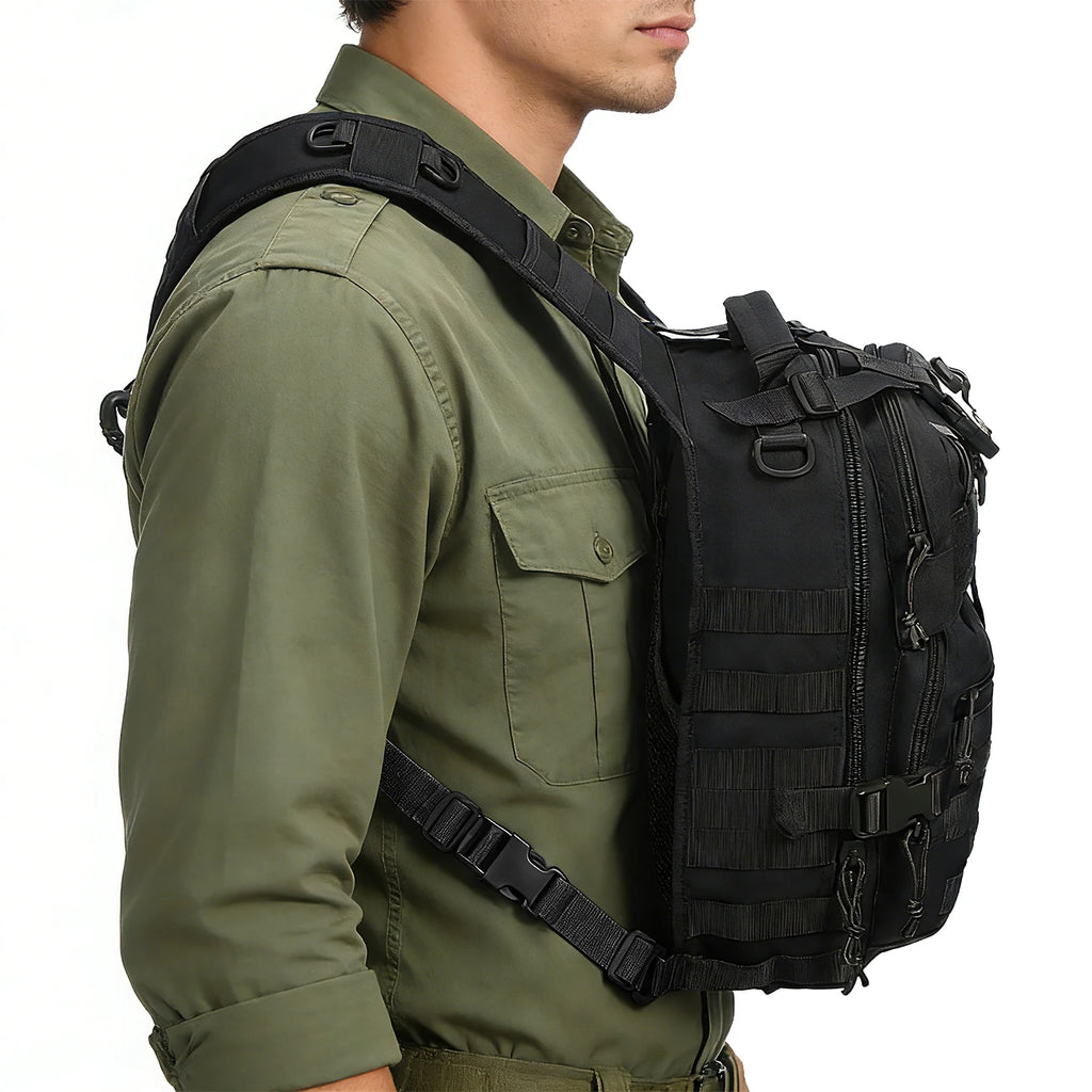 Large capacity shoulder crossbody bag and chest bag with multiple zipper compartments and MOLLE expansion system