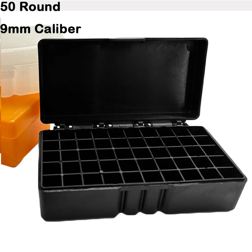 50/100 Rounds Bullet Box Gun Cartridge Shell Holder Portable Ammunition Box Flip-Top for 9mm .223 .38 Ammo Hunting Accessories