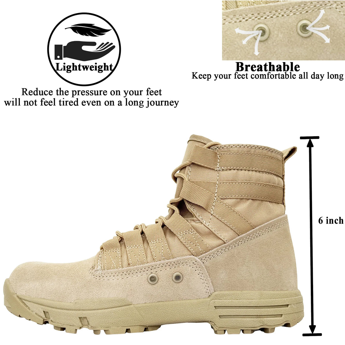 LAHORS® 6 Inch Lightweight Suede Leather Tactical Combat Boot Men Outdoor Hiking Desert Army Shoes Breathable Male Ankle Boots