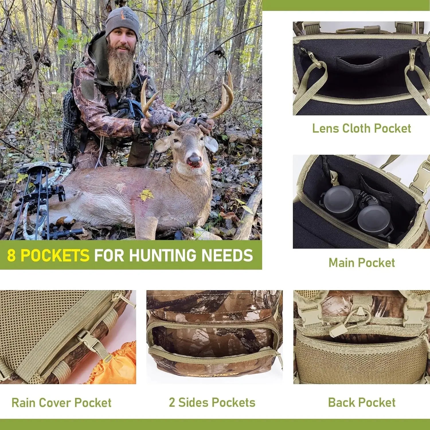 Wild Cedar Binocular Harness Chest Pack with Rangefinder Pouch, Bino Harness with Rain Cover for Bird Watching, Hunting, Hiking