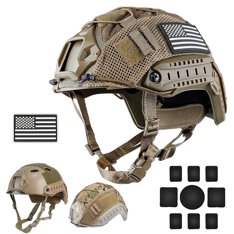 Tactical Fast PJ Helmet with Helmet Cover Pads Airsoft Paintball Combat Training Protection ABS Helmet with Magic Patches